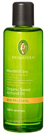 PRIMAVERA Pflegeöl Mandelöl bio 100 ml – naturreine Pflanzenkraft – Glasflasche – Aromaöl, Körperöl, Naturkosmetik - gut verträglich, schützend, lindert Hautrötungen – vegan
