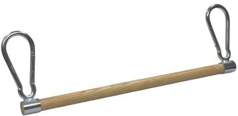 Trapezstange aus Holz 75 cm – mit fest verschweißten großen Karabinerhaken (20 × 10 cm) – Turnstange für Kinder & Erwachsene – ideal zum Einhängen in Turnringe – Belastbar bis 80 kg