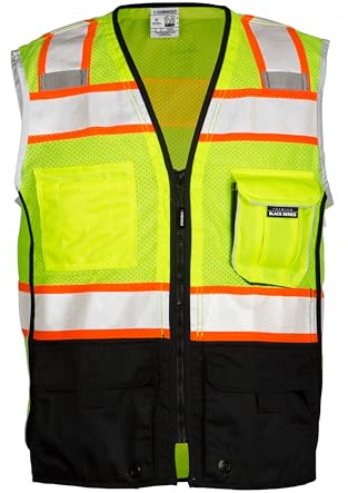 Kishigo Men's High Visibility Reflective Premium Black Series Black Bottom Vest 1515, Zipper Closure, Polyester, ANSI 107 Type R/Class 2, Construction, Utility, Waste Management (Lime, XL)