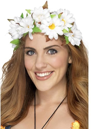 Smiffys Blumiger Gänseblümchen-Haarkranz, Weiß, mit Etikett Halloween