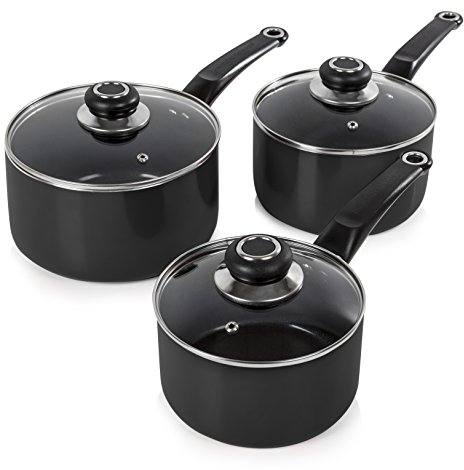 Morphy Richards 970030 Equip Pan Set, Non Stick Ceramic Coating, Easy to Clean, Dishwasher Safe, Black, 3 Piece, 16/18/20 cm