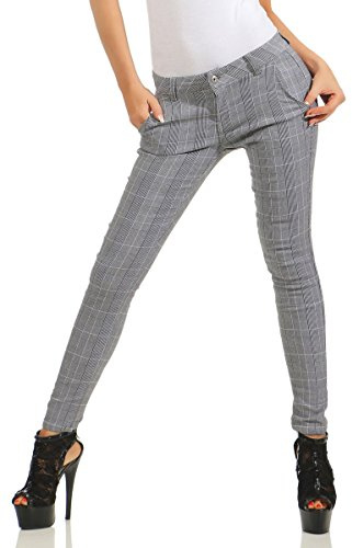 Fashion4Young 5401 Damen Hose Treggings Business Kariert Damenhose Büro Karohose Stretch Chino Slim-Fit (grau, XL-42)