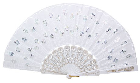 Accessotech Spanish Lace Silk Folding Hand Held Dance Fan Flower Pattern for Party Wedding (White)