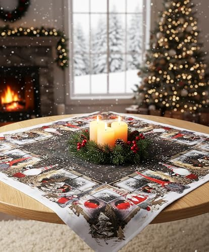 KAMACA Mitteldecke Tischdecke 85x85 cm weihnachtliche Tischdecke mit liebevollem Wichtelmotiv Festliche Winterdekoration für Küche Esszimmer & Wohnzimmer robust, farbecht, pflegeleicht (Wichtel)