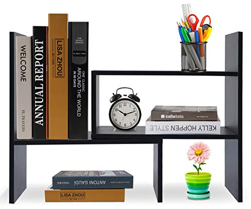 Hossejoy Bibliothèque réglable étagère à livres, support pour étagère, étagère extensible en bois pour bureau, salon (noir)