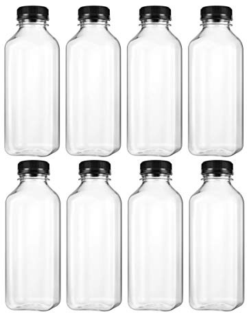 Kisangel Pet Storage Bottles with Screw-on Lids 18Oz Clear Juice and Beverage Containers 8 Pack Easy-Grip Drink Bottles for Home and Business Use