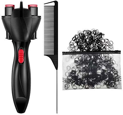 Automatic Hair Braider with 800 Mini Rubber Bands, Tail Comb & Electronic Braiding Machine - Roller Styling Tool for Tangling (Black)