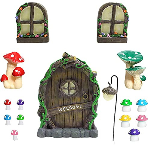 Miniature Fairy Gnome Home Window Door and Micro Resin Fairy Mushroom fit for Tree Statues Tree Yard and Garden Sculpture Outdoor Decor Accessories