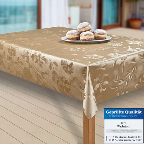 laro Wachstuch-Tischdecke Abwaschbar Garten-Tischdecke Wachstischdecke PVC Plastik-Tischdecken Eckig Meterware Wasserabweisend Abwischbar, Muster:Dahlien Gold Beige, Größe:140-200 cm