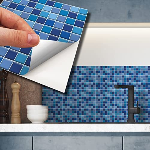 WALPLUS 120pcs 15x15cm Classic Blue Mini Mosaic Wall Tile Sticker Set Aluminium Film Peel and Stick Backsplash Decals Home Decors Splashback for Kitchen Bathroom Tiles Paint Stick on Wall Living Room