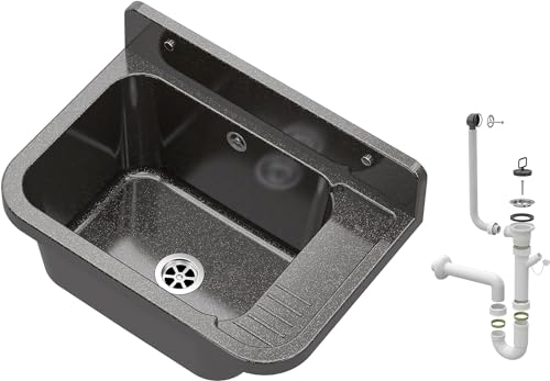 Granitan Ausgussbecken für Garage Keller Werkstatt und Waschküche - Universal Waschtrog Set mit Siphon - Waschbecken mit Abtropfschale Wandmontage aus Polypropylen - 50x34x31 cm - Schwarz - Figo
