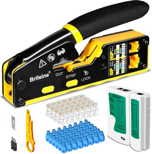 Brileine RJ45 Crimpzange Set - Mit Cat5/Cat5e/Cat6 für RJ11/12 6P/8P, Netzwerk Kabeltester, 50 CAT6 Stecker, 50 Stiefel