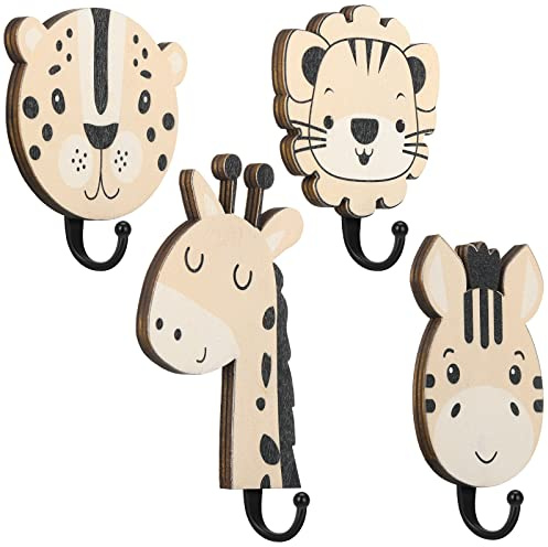 Qunclay Safari-Tier-Wandhaken für Kinder, Holz, Dschungel, Baby, Kinderzimmer, niedlicher Handtuchaufhänger für Kinderzimmer, Badezimmer, Schlafzimmer, Heimdekoration (Safari-Tier), 4 Stück