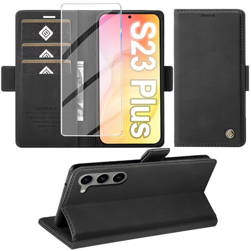 Giyer Handyhülle für Samsung Galaxy S23 Plus 5G Hülle mit Schutzfolie, Standfunktion Kartenfach Wallet Premium Leder Schutzhülle Flip Case Cover Klapphülle S23 Plus 6.6 Zoll (Schwarz)