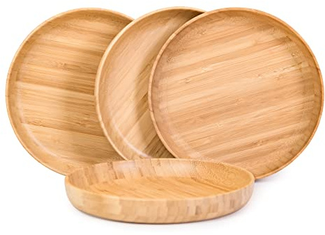 cluzelar Bamboo Plates 7.5Inch Round Bamboo Plate Reusable Dinner Plate Tableware 4PCS Wooden Plates Lightweight Dishes Snack, Dessert, Unbreakable Classic Plate