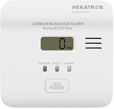 Hekatron KonexXt CO One - Rilevatore di monossido di carbonio 10 anni di batteria - Rilevatore CO con display chiaro e pulsante di allarme di prova, facile installazione