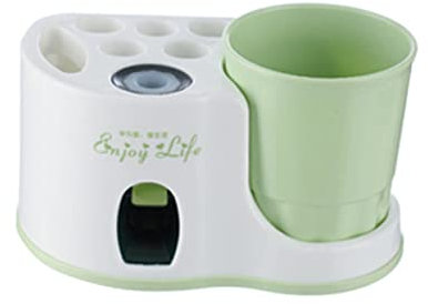 Angoily Wall-mounted Toothpaste Dispenser and Toothbrush Holder Automatic Squeezer Storage Rack for Bathroom Eco-friendly Material Light Green Color Space-saving Design