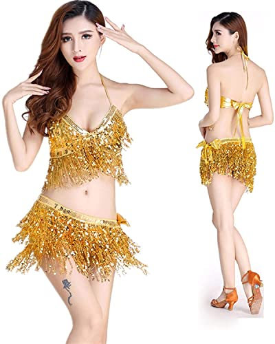BAtlam Bauchtanz Latin Pailletten Neckholder Top BH Gürtel Hüftrock Set Party Kostüm Quaste Versuchung Bühnenshow Sets 9 Farben (Türkis Gürtel)