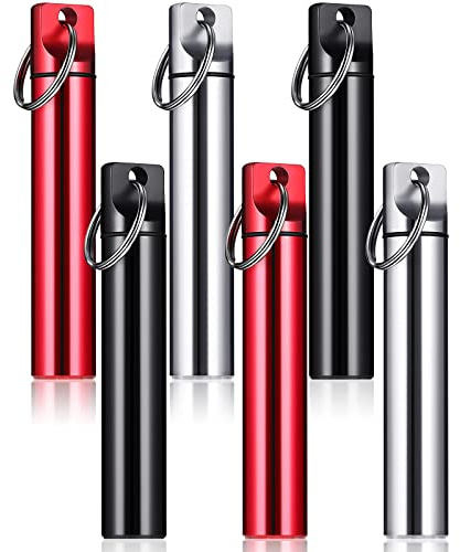 Pelopy 6 Pcs Metal Portable Toothpick Holder Dispenser Aluminum Alloy Pocket Toothpick Holder Box Small Toothpick Case Toothpicks Container with Keychain for Camping Travel Picnic Purse, 3 Colors