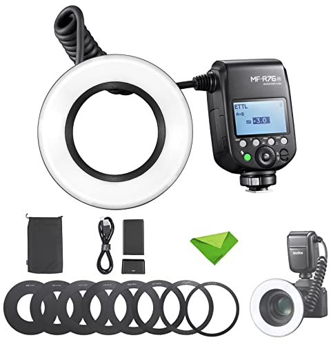 Godox MF-R76N TTL Macro Ring Flash 76Ws HSS 2.4G Wireless GN14 CCT 5900K 550 Full-Power Flashes, 0.1-1s Recycle Time Dual-Flash Tubes, Compatible with Cameras for Animal, Plant Photography, etc