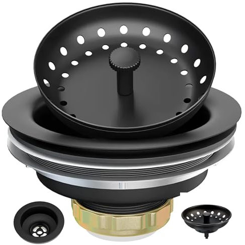 LXLOTUS 3-1/2 Inch Matte Black Kitchen Sink Drain Kit - Complete Black Kitchen Drain Assembly - Black Stainless Steel Strainer Basket Included - Fits 3.5 Standard Kitchen Sink