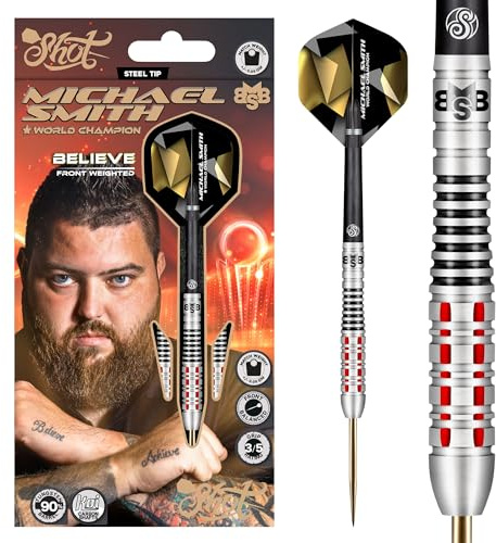 Shot! Darts Steel Tip, Michael Smith Believe (23g/24g/25g/26g), 90% Tungsten Barrel, Front Weighted, Handcrafted Professional Dart Set & Flights Made in New Zealand, Metal Tip for Bristle Dartboard