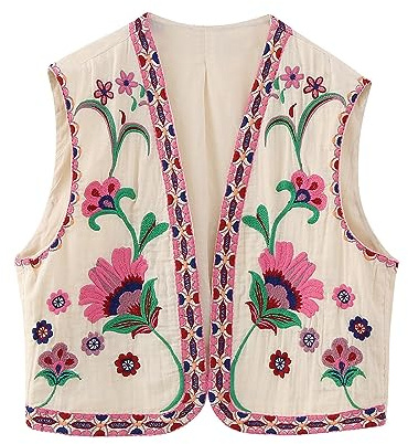 Lyoveu Bestickte Weste Damen, Damen Vintage Blumen Stickerei Kurze Weste Jacke,Embroidered Waistcoat Women, Women Vintage Floral Embroidered Vest, Women Y2k Vintage Embroidered Vest