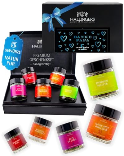Hallingers Genuss Manufaktur Gewürz Vatertagsgeschenk-Set - 5 Gewürze aus aller Welt in wertiger Geschenkbox mit Rezept-Booklet Danke Papa, Geschenkidee für Papa Opa