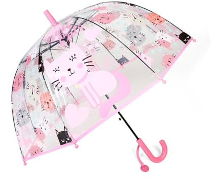 Meichoon Kinder Stock Regenschirm Niedliches Katzendesign Transparent 70cm/27.5'' Kuppel Bequemer Griff Automatische Öffnung für Mädchen und Jungen Rosa