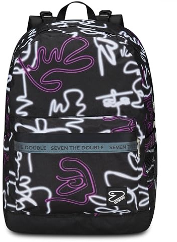 Seven Zaino Scuola Reversibile The Double, Nero Viola, Ledcontour, 2 in 1, Zaino Mono Scomparto Con Auricolari Earphones Wireless Led, Tasca Porta Borraccia e Markers, Zaino Medie e Superiori, Ragazza