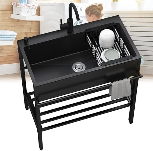 Freistehende Spültisch Edelstahl, Outdoor Spüle 60x45x86cm mit Unterschrank, Spülbecken mit Armatur, 1 Becken Küchenspüle, Spülenschrank, für Innen Küche Restaurant