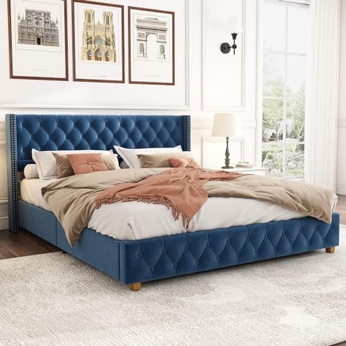 YCYDHDM Polsterbett 160 x 200 cm, Doppelbett mit Gepolstertes Kopfteil, Bettgestell mit Lattenrost und Holzbettbeine, Bett für Schlafzimmer und Gästezimmer, Samt, Ohne Matratze, Blau