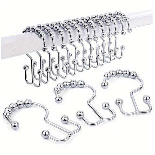 WUWYOUWL Shower Curtain Hooks, 12pcs Stainless Steel Shower Curtain Rings, Rust Proof Free Sliding Double Shower Curtain Hooks Rings for Curtain, Shower Curtains & Liners (Silver)