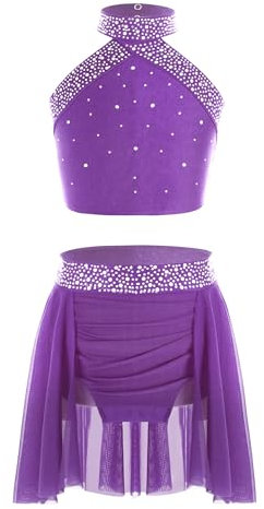 TTAO Mädchen Zweiteiler Eiskunstlauf Kleider Ärmellos Gymnastikanzug aus Crop Top mit Mesh Rock Tanz Outfit Dancewear Violett 170