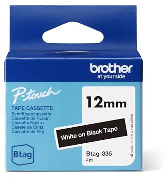 Brother Original Btag-335 Schriftband 12 mm breit, 4 m lang, weiß/schwarz
