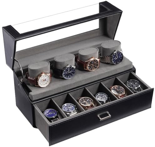 ProCase Uhrenbox 2 Ebenen, Uhrenschatulle Uhrenaufbewahrung für Männer, Uhrenkasten Uhrenkoffer mit 10 Uhrenkissen, Watch Display Case Watch Box - Schwarz