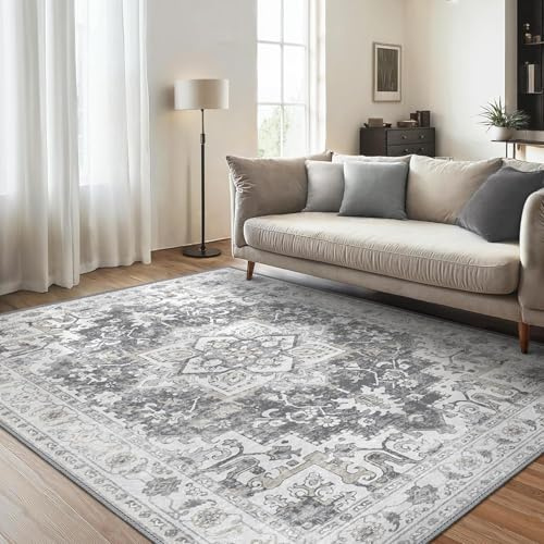 GENIMO Washable Rug 120x170cm – Grey Non-Slip Flat Weave Carpet, Easy Clean No-Pile Area Rug for Living Room, Bedroom, Dining Room, Home Office
