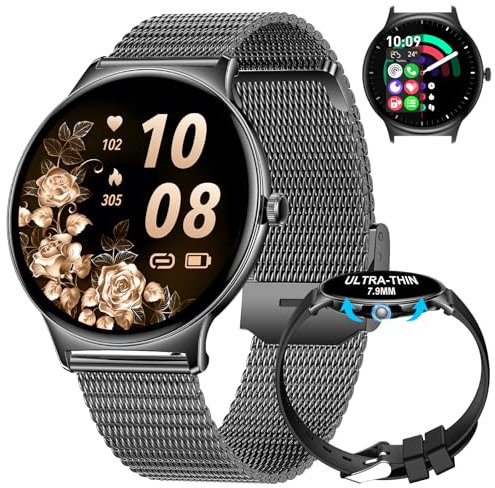 Women's Smart Watch for Android iOS with Bluetooth Phone Calls 7mm Round Dial Female Smartwatch 1.43 AMOLED Always-On Display Heart Rate Sleep Monitor Black Mesh Ladies Smartwatch 100+ Sport