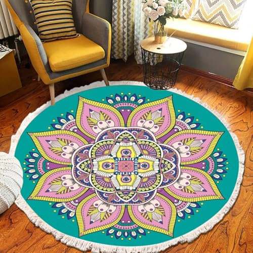 Homxi Außenteppich Rund 90 cm Boho, Flickenteppich Polyester, Mandala Muster mit Quasten, Flur Teppich Rosa Türkis