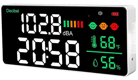 TOPINCN USB Rechargeable Decibel Meter Wall Mounted Sound Level Reader 11 Inch LED Time Temperature Humidity Noise Meter for Studio Home