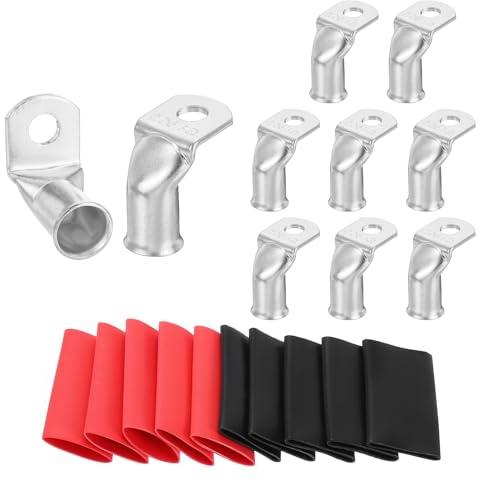sourcing map 10pcs 2/0 Awg 90° Bent Copper Lugs Battery Cable Ends, 2/0 Gauge 5/16 Stud Battery Lugs Ring Terminal Connectors with 10pcs 3:1 Black & Red Heat Shrink Tubing,Silver