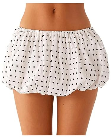 SANSIWU Y2k Bubble Mini Skirt for Women Pleated Ruffle Skirts Polka Dot Low Waist Puffy Flared Balloon A Line Short Skort (White, M)