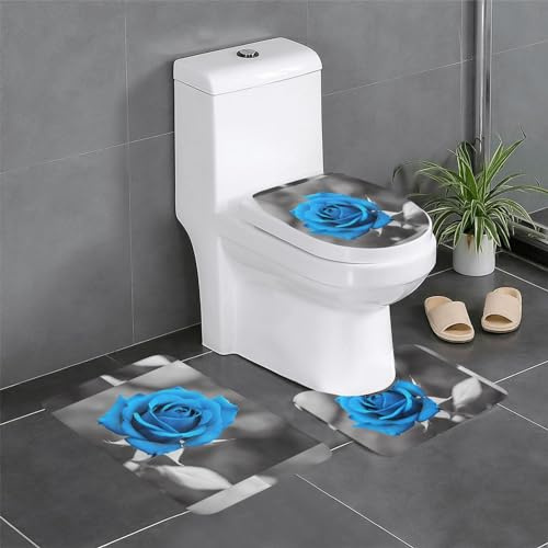 Set 3 Teilig Badvorleger Blaue Blume Teppiche Und Toilettendeckel Anti-Rutsch Weiche Badgarnitur Badematten, Für Wohnzimmer, Wc-Sitz Bezug, Spa