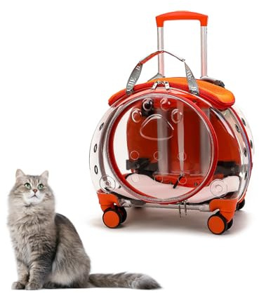 Sac de Transport pour Chat à roulettes – Chariot Transparent Rigide et Respirant pour Chat ou Petit Chien, avec Roues silencieuses 360°, Bretelles Amovibles et Dos ventilé – Jusqu’à 10 kg(Orange)