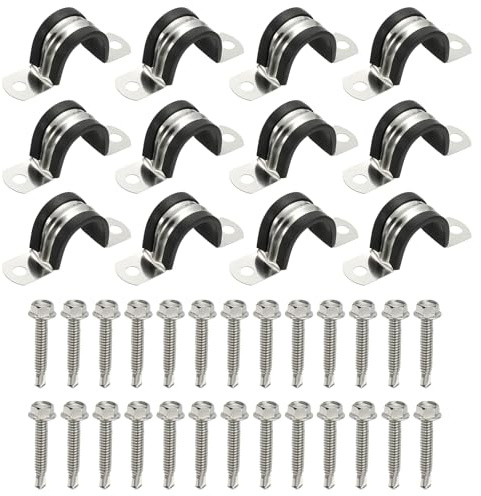 PATIKIL 12Pcs Pipe Clamps, 1 Inch 304 Stainless Steel Rubber Cushioned U Bracket Conduit Clamps Pipe Strap Wire Clips with Hexagonal Screw for Tube Hose Cord Installation, 25mm