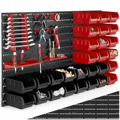 TecTake® Scaffale plastica porta minuteria, portaminuteria da parete con 28 cassette, organizer viti e utensili, scaffale garage portautensili officina, parete attrezzata garage - 4 Pannelli