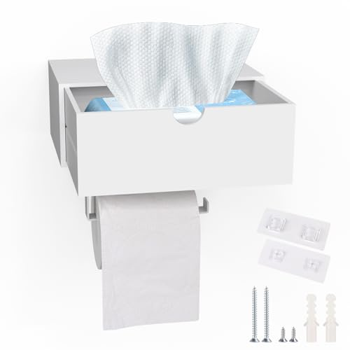 EFUTURETIME Toilettenpapierhalter mit Feuchttücherbox Selbstklebend, Bambus & Edelstahl, Klopapierhalter Wand Ohne Bohren, Klorollenhalter mit Ablage für Badezimmer Küche Toiletten, Weiß