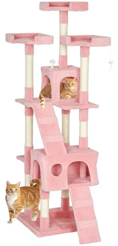 PawHut Large Cat Tree 173 cm Cat Tower with 10 Scratching Posts Pink | 3 Perches, 2 Condos, 1 Ramp, Kitty Climbing Tower, Activity Centre House for Indoor Kittens