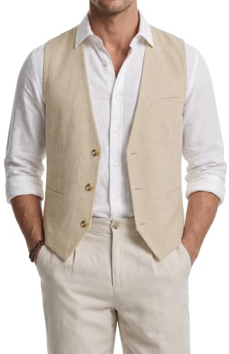HISDERN Chaleco de hombre de verano de algodón y lino para traje ideal para bodas fiestas y negocios con bolsillos