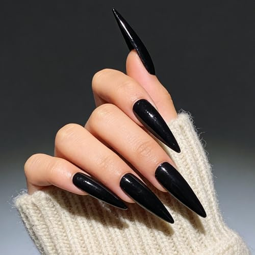 24 Stück Nägel Zum Aufkleben Lang Stiletto - Schwarz Glitzer Fake Nails, glänzend press on nail, Full Cover Künstliche Nägel - Einfarbig Elegante Black Fingernägel Zum Aufkleben für Frauen Nail Art